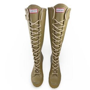 Vtg Women's US 5 / EU 36 Hunter Lapins High Heel Lace Up Rubber Rain Boots Tan